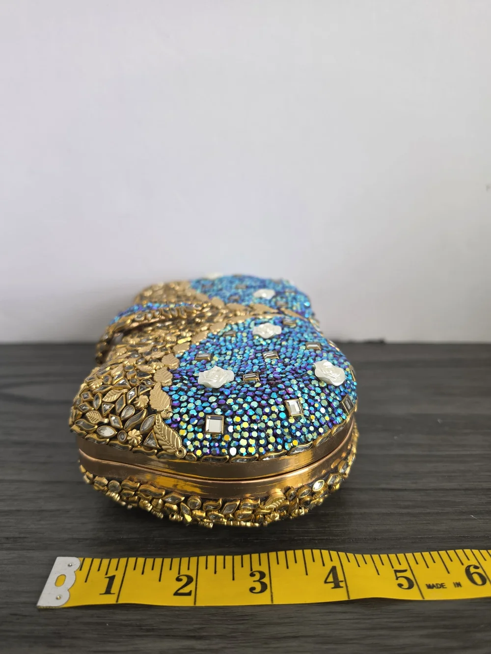 Luxury Beaded Crystal Clutch Bag | Gold Leaf & Teal Iridescent Evening Purse